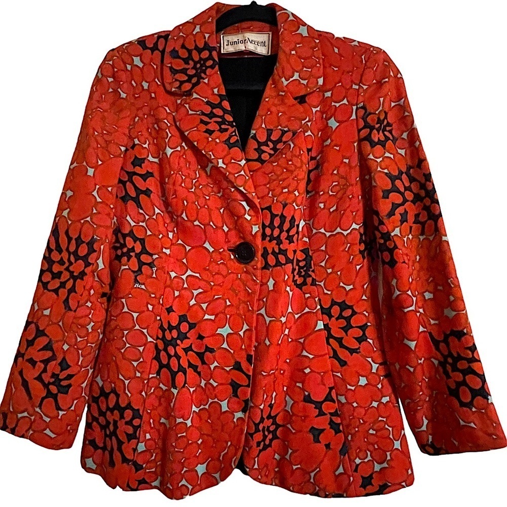 Vintage Junior Accent Linen Blend Colorful Print 1 Button Blazer Size 8
